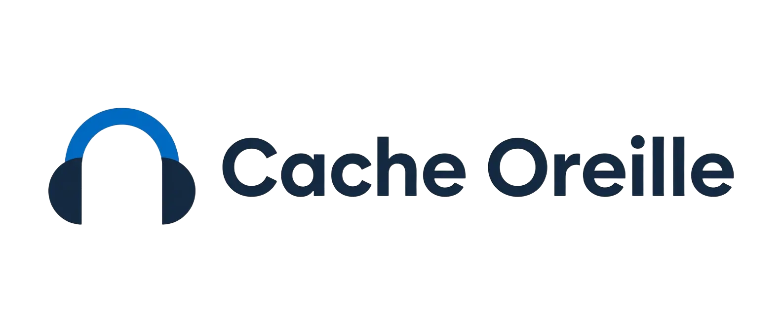 Logo Cache Oreille avec icône d'écouteurs stylisé en bleu et noir.