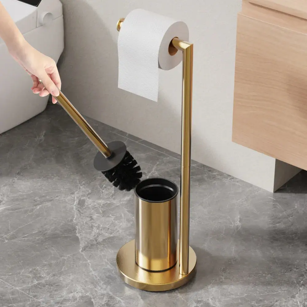 Ensemble brosse WC dorée avec porte papier toilette, design moderne pour salle de bain.