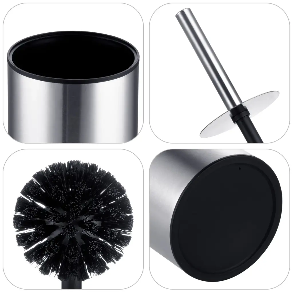 Brosse WC courbée inox avec poignée métallique et poils noirs, présentation détaillée.