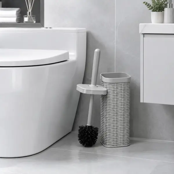 Brosse WC avec couvercle gris, rangée dans un seau tressé, près d'un WC blanc.
