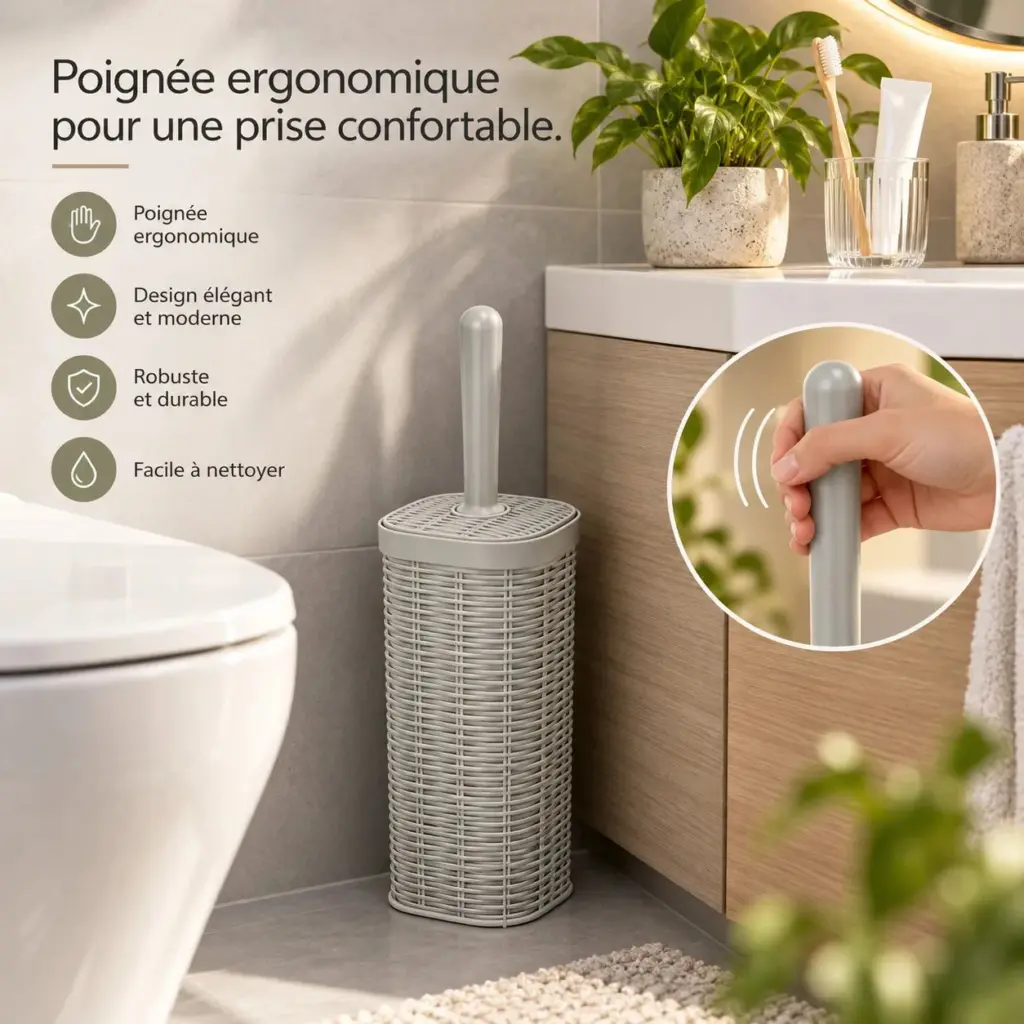 Brosse WC avec couvercle gris, poignée ergonomique, design moderne pour salle de bain.