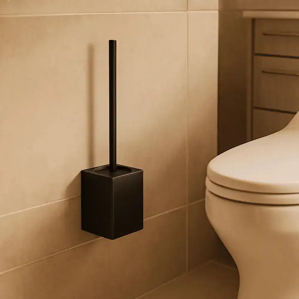 Brosse toilette murale noire, design moderne pour salle de bain.