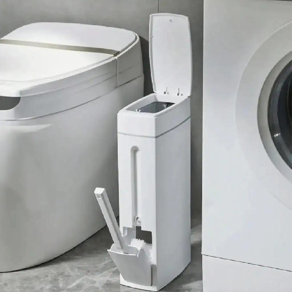 Ensemble brosse WC et poubelle intégrée, design moderne, blanc, pour salle de bain.