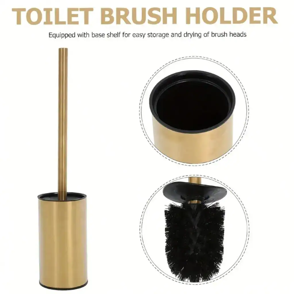 Support brosse WC or, avec étagère basse pour rangement et séchage des têtes de brosse.
