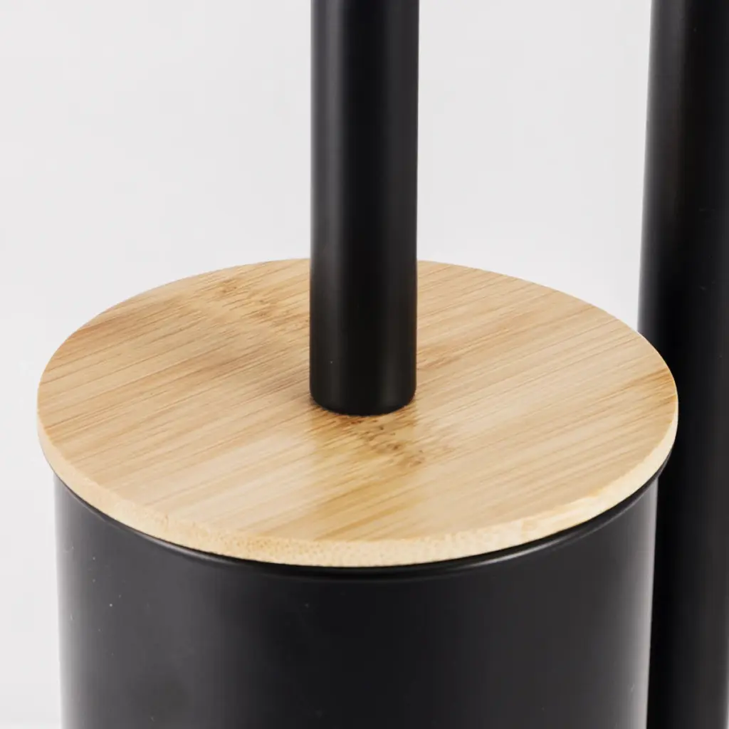 Brosse toilette combinée avec porte papier toilette, design moderne noir et bois.