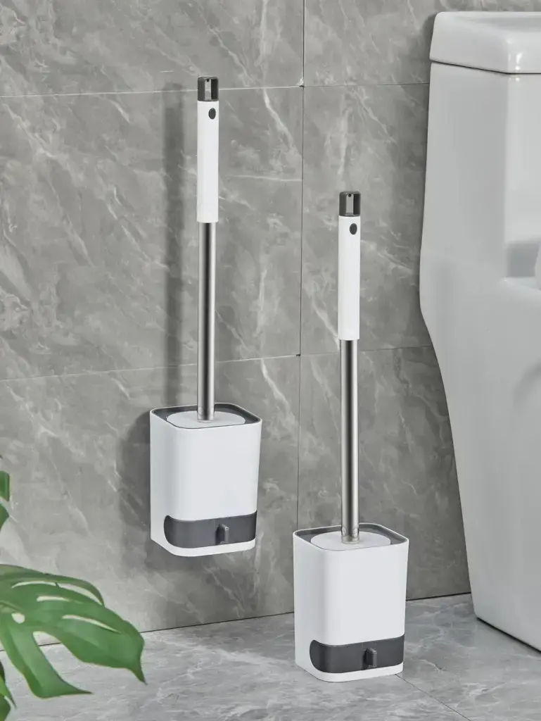 Brosse WC avec support mural, design moderne, blanc et gris, pour salle de bain.