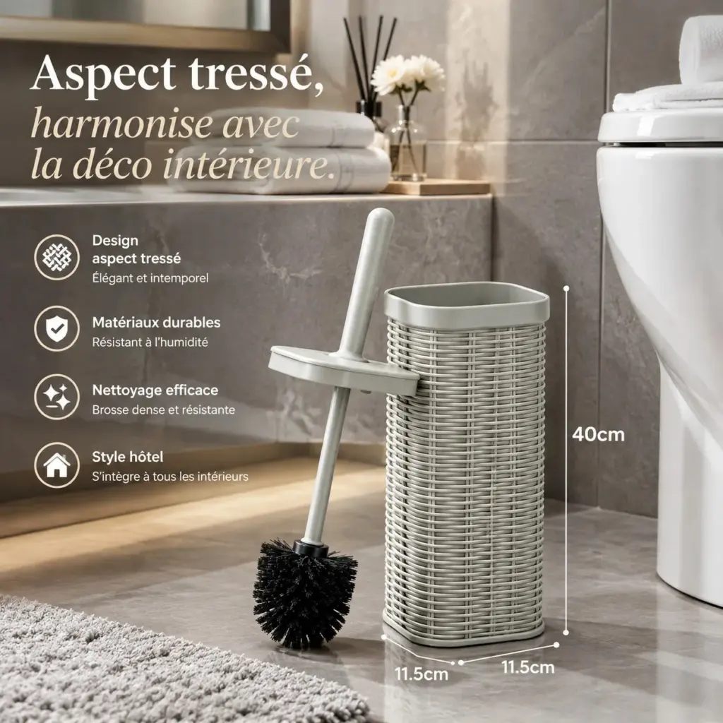 Brosse WC avec couvercle design tressé, aspect élégant, idéale pour salle de bain moderne.