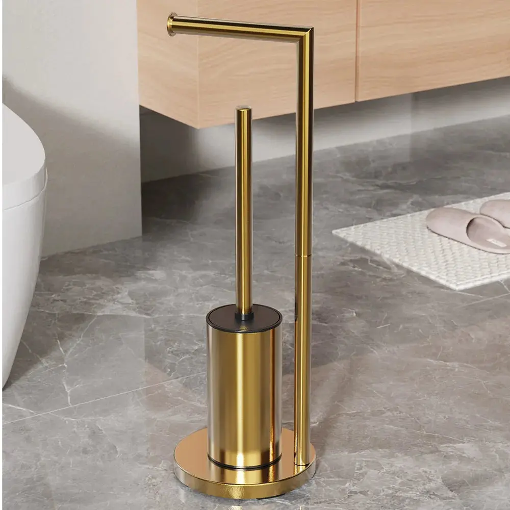 Ensemble brosse WC et porte papier toilette doré, design moderne pour salle de bain.