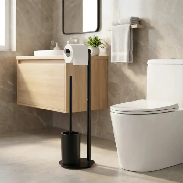 Brosse WC noire avec dérouleur papier, design moderne pour salle de bain.