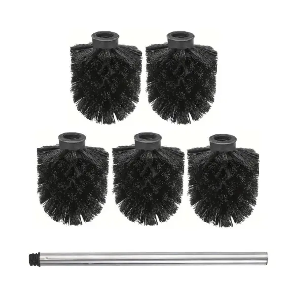 Brosse toilette avec tête de rechange noire, ensemble de cinq têtes interchangeables et manche métallique.