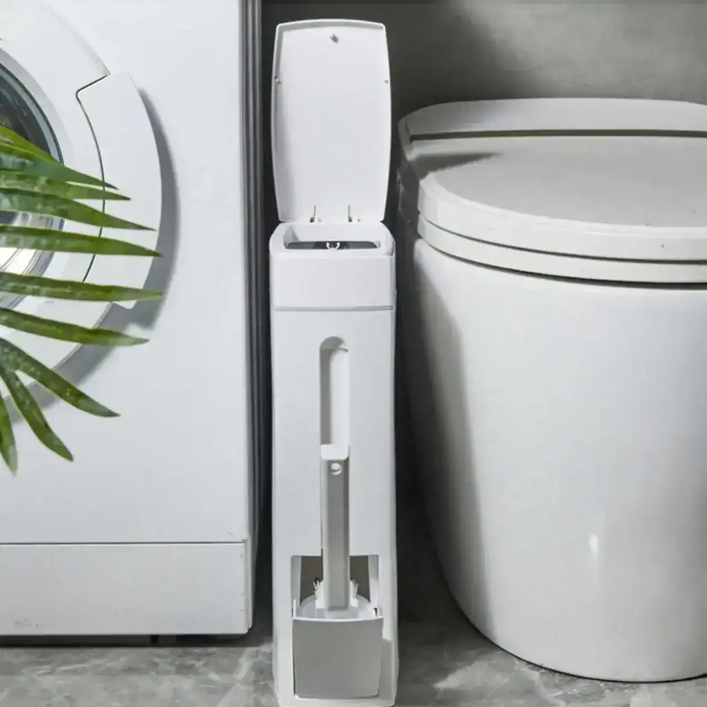 Ensemble brosse WC et poubelle intégrée, design moderne, blanc, pour salle de bain.