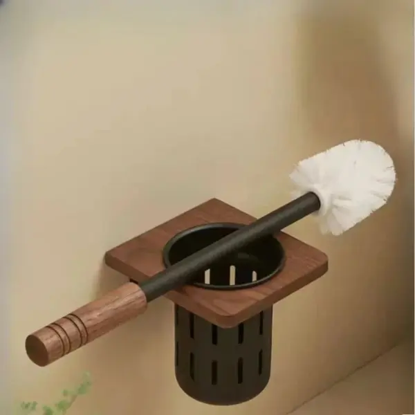 Brosse WC murale en bois avec support mural, design moderne pour salle de bain.