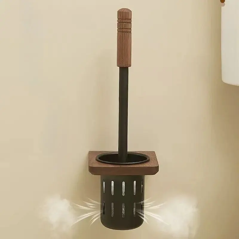 Brosse WC murale en bois avec support mural, design élégant pour salle de bain.