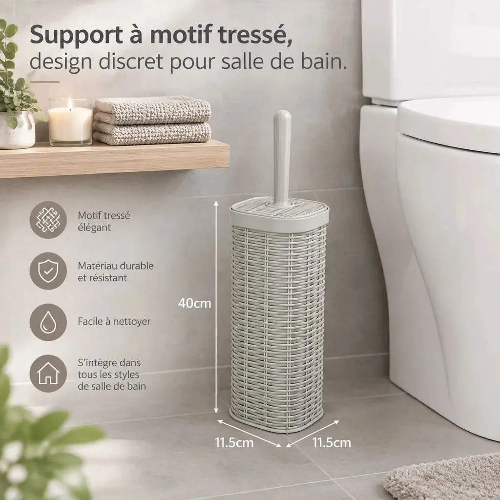 Brosse WC avec couvercle en motif tressé, design discret pour salle de bain moderne.
