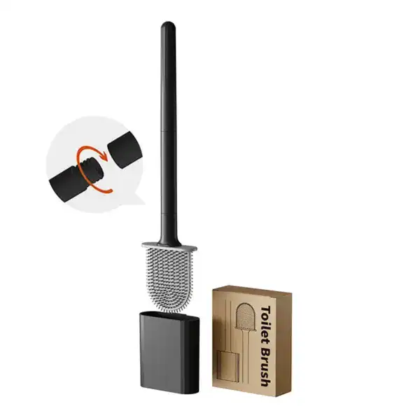 Brosse toilette silicone noir avec système de nettoyage rotatif et étui de rangement.