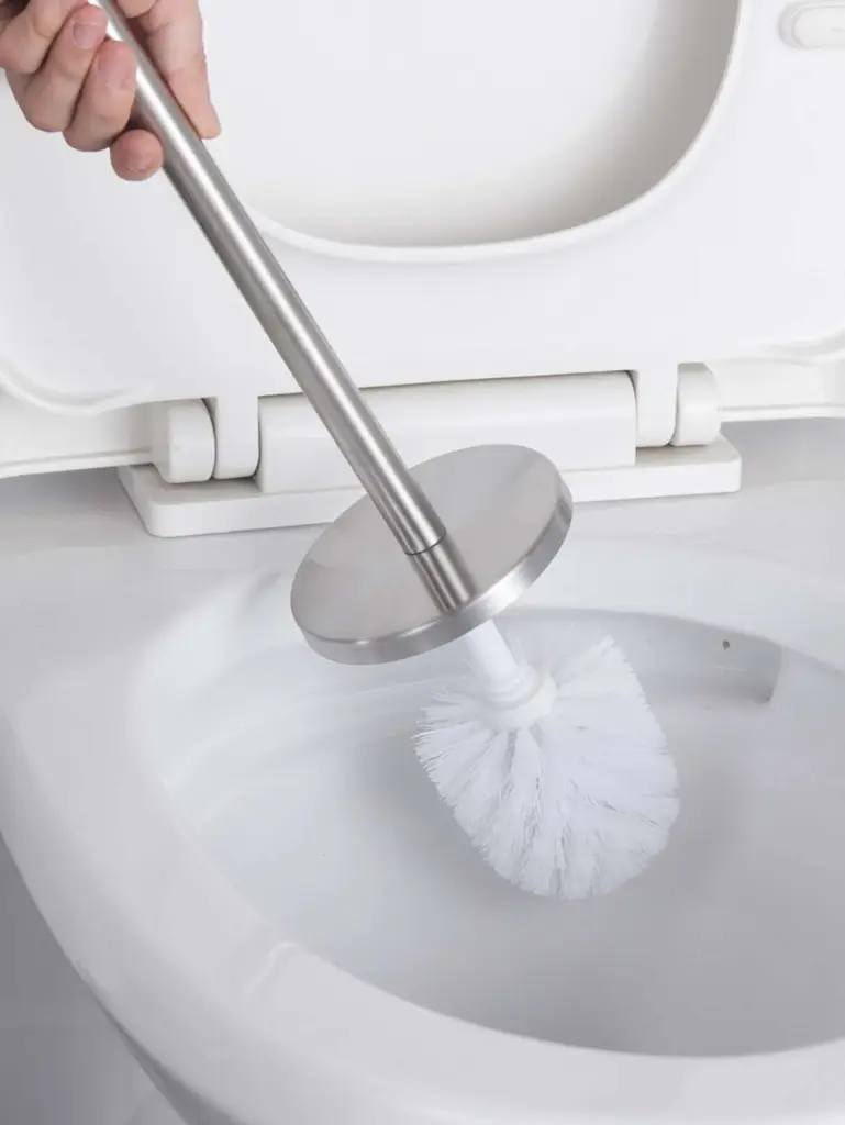 Brosse WC inox en métal, manche long et poignée ergonomique pour nettoyage efficace du WC.