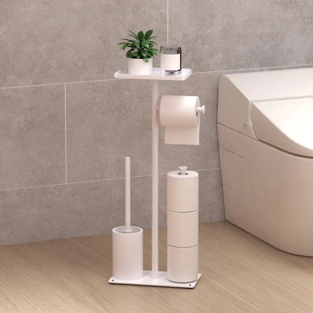 Support WC blanc avec brosse toilette, dérouleur papier et rangement pour rouleaux.