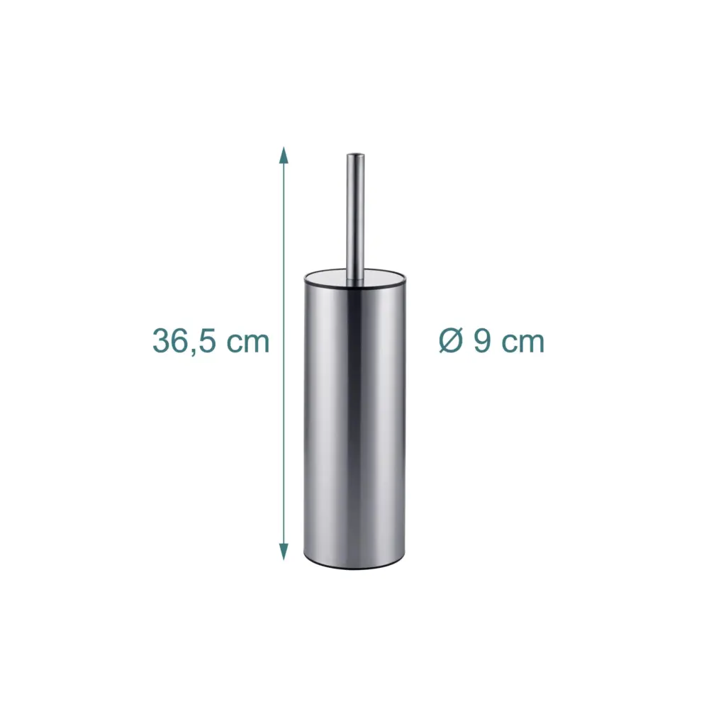 Brosse WC courbée inox, dimensions 36,5 cm de hauteur et 9 cm de diamètre.