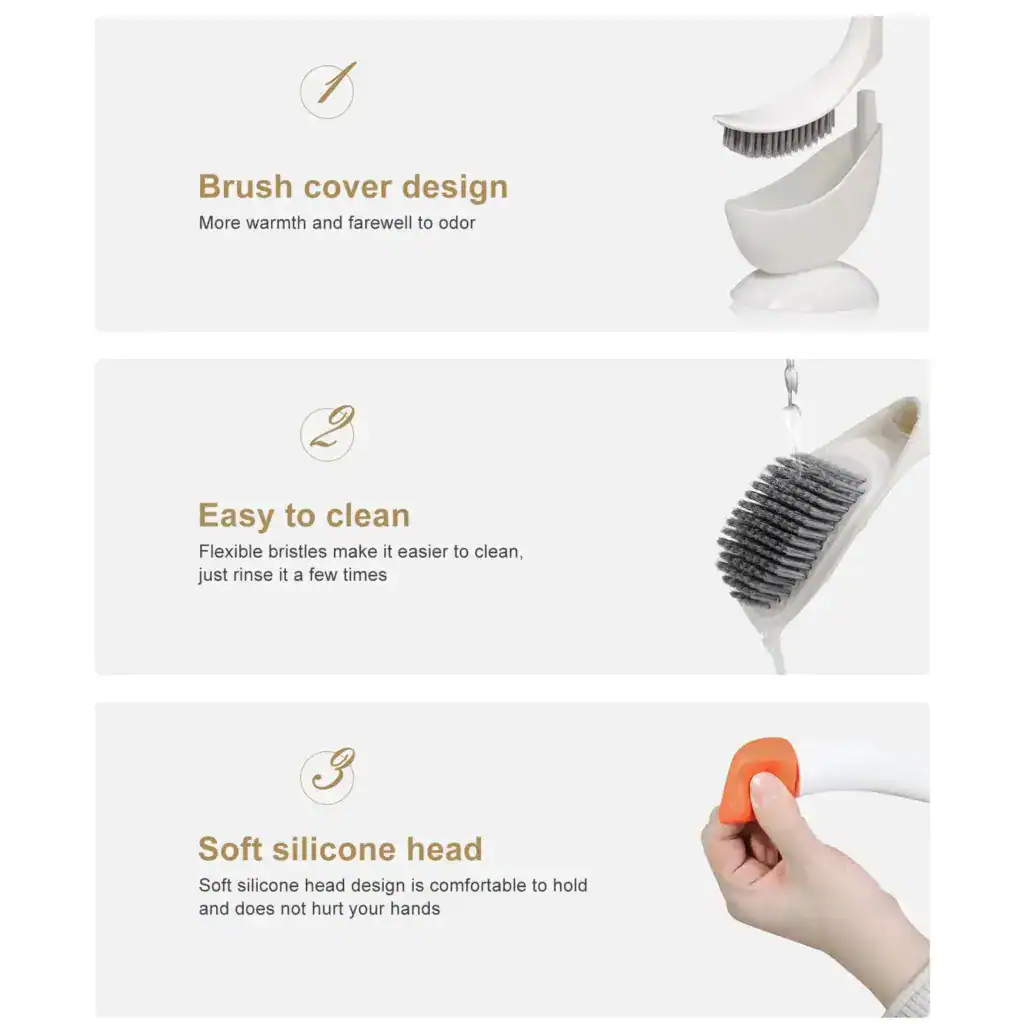 Brosse WC incurvée avec couvercle, facile à nettoyer et tête en silicone douce.