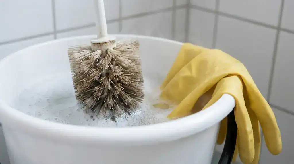 Tête de brosse WC qui trempe dans un seau d’eau chaude savonneuse