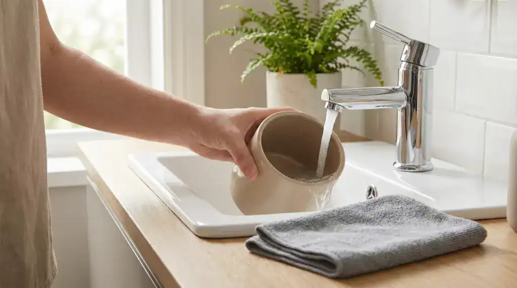 Pot de brosse WC rincé sous le robinet d’un lavabo