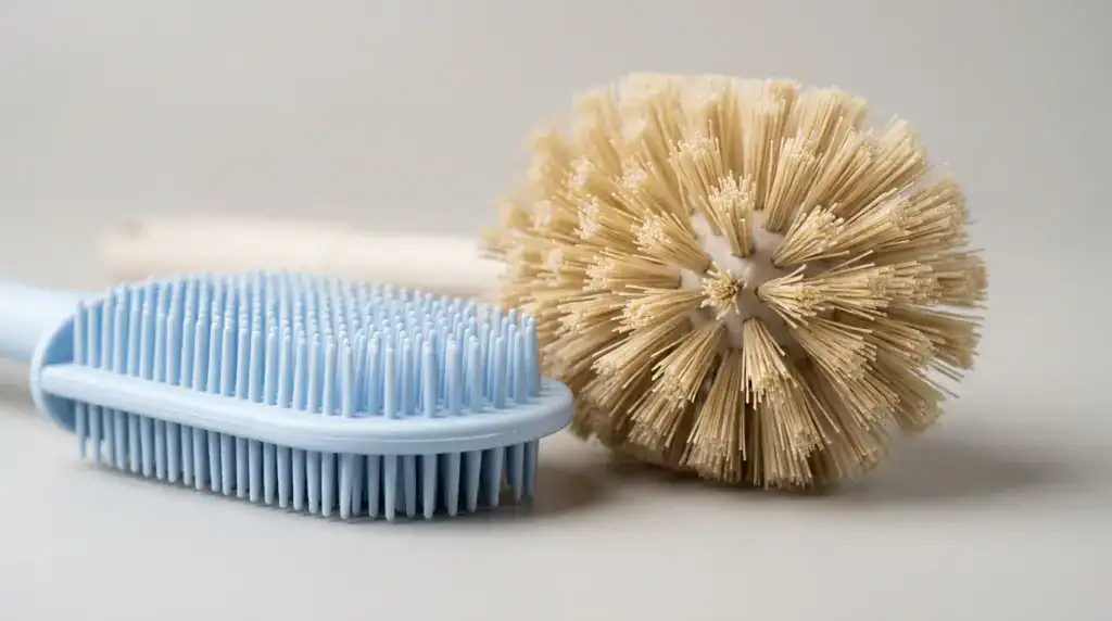 Gros plan d’une tête de brosse WC en silicone et d’une tête à poils en nylon